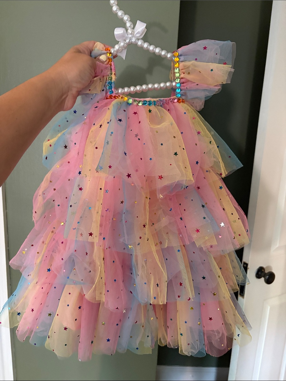 Lola + The Boys Pastel Rainbow Tulle Party Dress with Glitter Stars - Picture 3 of 4